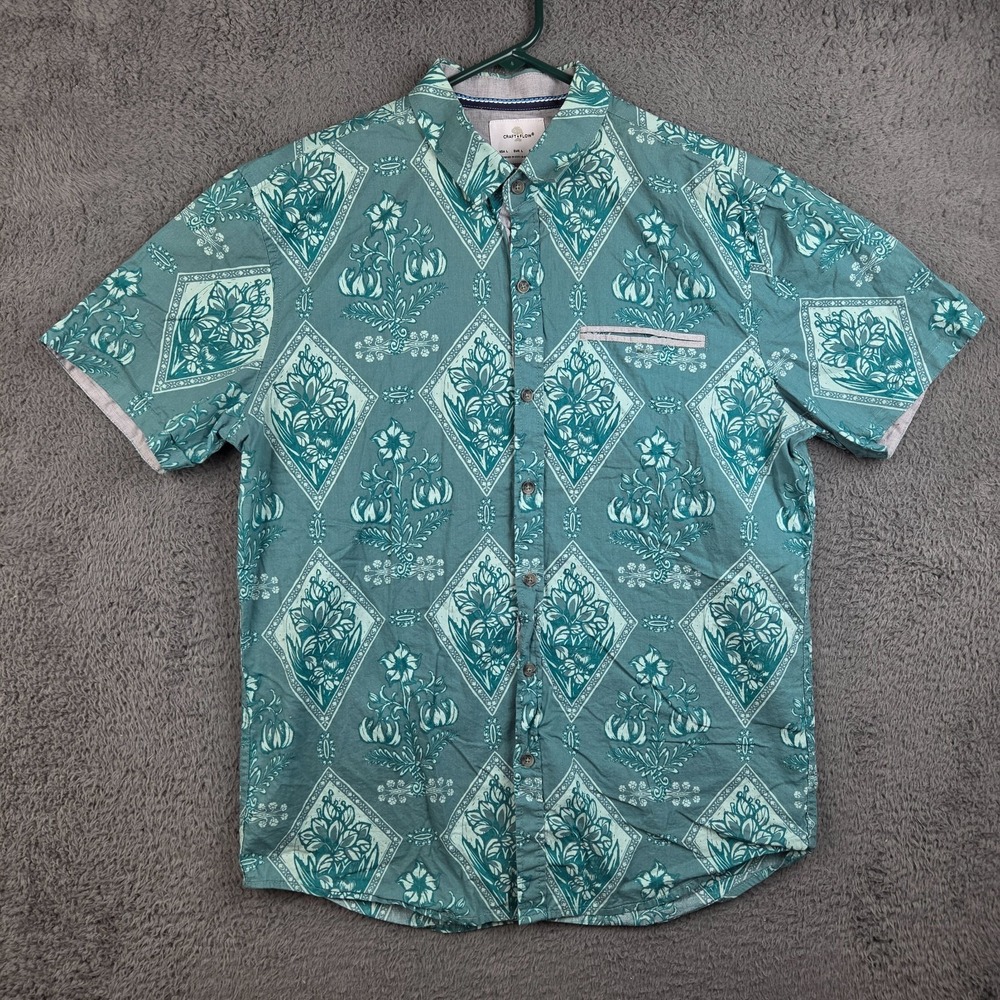 Craft + Flow Button Up Shirt Men's Large Hawaiian Floral Green Short Sleeve